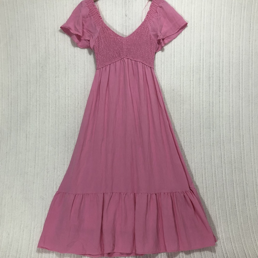 August Sky Pink Smocked Flutter Sleeve Midi Dress RD3059-A Small